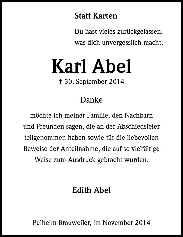  Traueranzeige für Karl Abel vom 08.11.2014 aus Kölner Stadt-Anzeiger / Kölnische Rundschau / Express