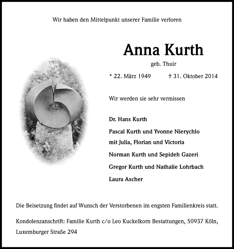  Traueranzeige für Anna Kurth vom 08.11.2014 aus Kölner Stadt-Anzeiger / Kölnische Rundschau / Express