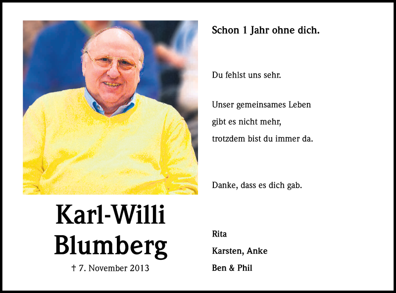  Traueranzeige für Karl-Willi Blumberg vom 07.11.2014 aus Kölner Stadt-Anzeiger / Kölnische Rundschau / Express