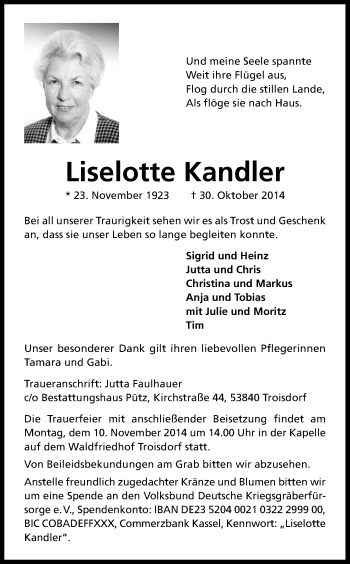 Anzeige von Liselotte Kandler von Kölner Stadt-Anzeiger / Kölnische Rundschau / Express
