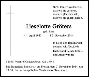 Anzeige von Lieselotte Gröters von Kölner Stadt-Anzeiger / Kölnische Rundschau / Express