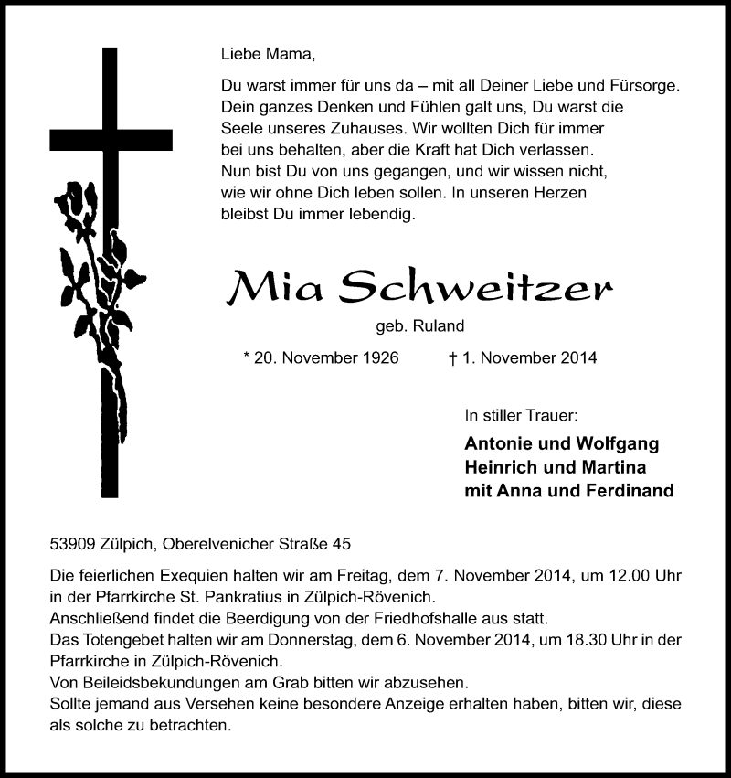  Traueranzeige für Mia Schweitzer vom 05.11.2014 aus Kölner Stadt-Anzeiger / Kölnische Rundschau / Express