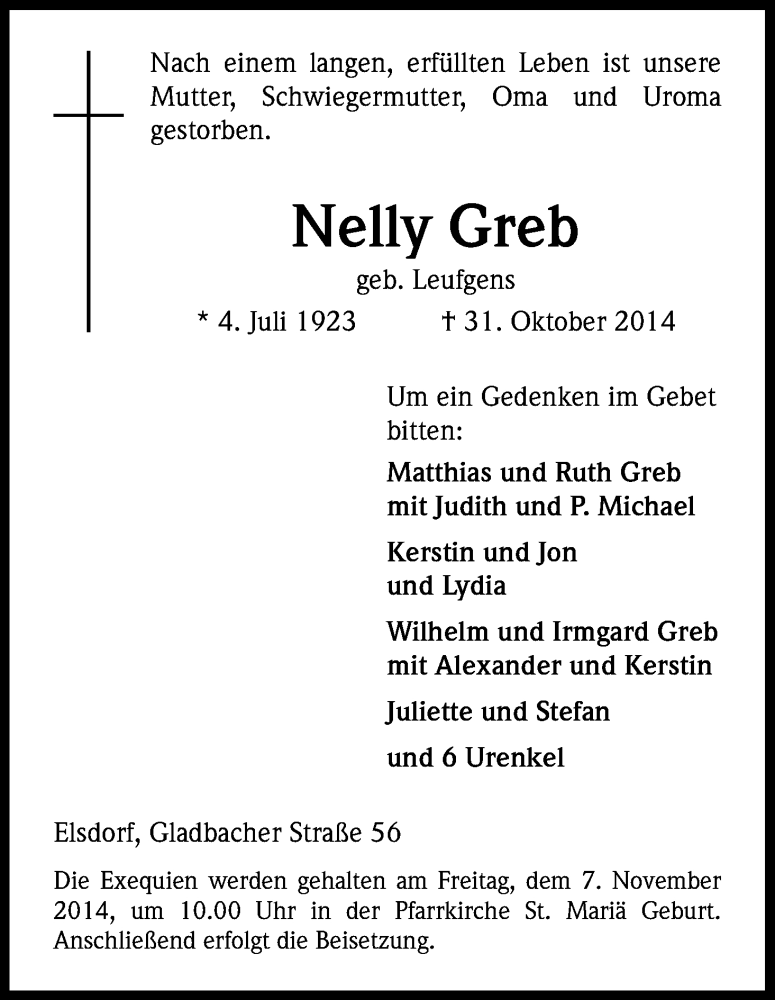 Traueranzeige für Nelly Greb vom 06.11.2014 aus Kölner Stadt-Anzeiger / Kölnische Rundschau / Express