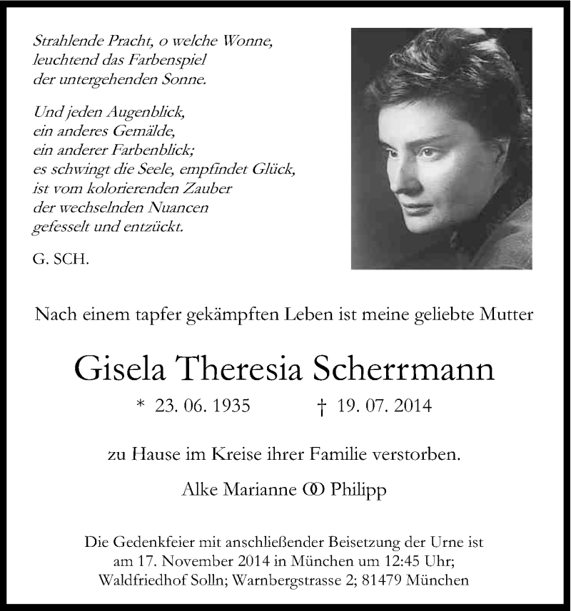  Traueranzeige für Gisela Theresia Scherrmann vom 08.11.2014 aus Kölner Stadt-Anzeiger / Kölnische Rundschau / Express