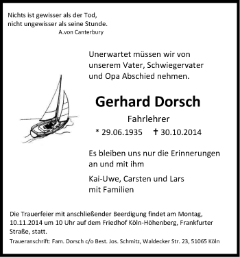 Anzeige von Gerhard Dorsch von Kölner Stadt-Anzeiger / Kölnische Rundschau / Express
