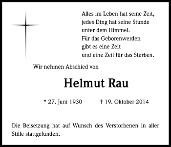 Anzeige von Helmut Rau von Kölner Stadt-Anzeiger / Kölnische Rundschau / Express