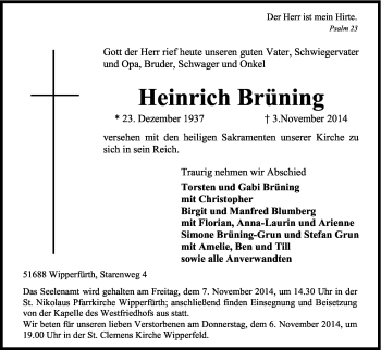 Anzeige von Heinrich Brüning von Kölner Stadt-Anzeiger / Kölnische Rundschau / Express