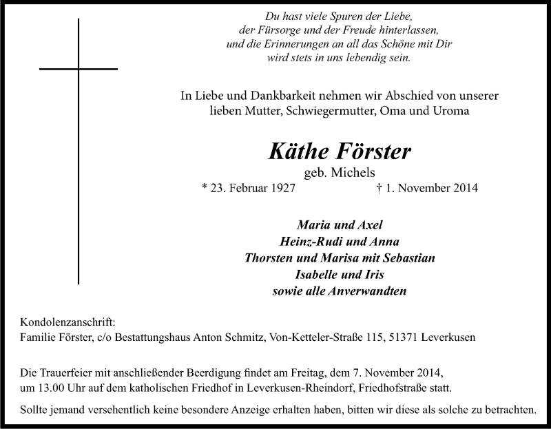  Traueranzeige für Käthe Förster vom 05.11.2014 aus Kölner Stadt-Anzeiger / Kölnische Rundschau / Express
