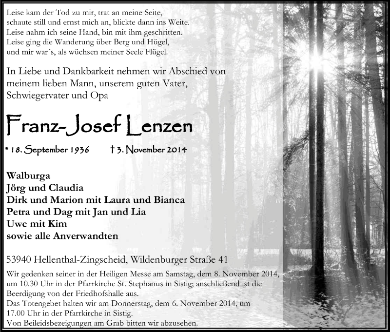  Traueranzeige für Franz-Josef Lenzen vom 05.11.2014 aus Kölner Stadt-Anzeiger / Kölnische Rundschau / Express