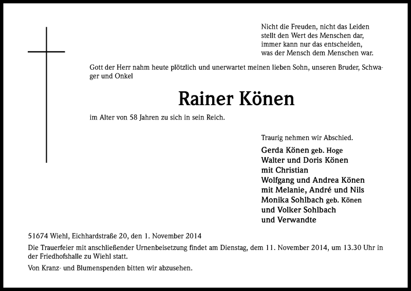  Traueranzeige für Rainer Könen vom 05.11.2014 aus Kölner Stadt-Anzeiger / Kölnische Rundschau / Express