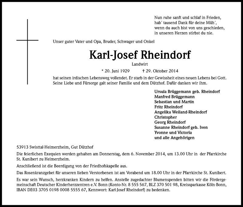  Traueranzeige für Karl-Josef Rheindorf vom 05.11.2014 aus Kölner Stadt-Anzeiger / Kölnische Rundschau / Express