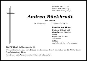 Anzeige von Andrea Rückbrodt von Kölner Stadt-Anzeiger / Kölnische Rundschau / Express