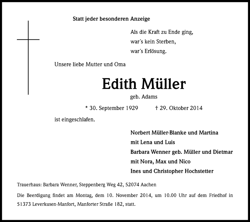  Traueranzeige für Edith Müller vom 05.11.2014 aus Kölner Stadt-Anzeiger / Kölnische Rundschau / Express
