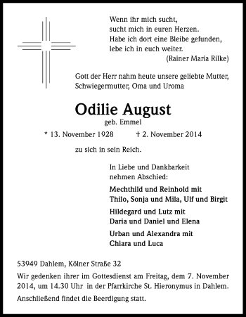 Anzeige von Odilie August von Kölner Stadt-Anzeiger / Kölnische Rundschau / Express