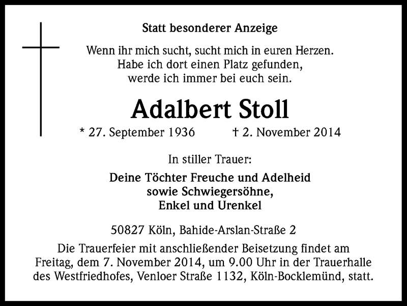  Traueranzeige für Adalbert Stoll vom 05.11.2014 aus Kölner Stadt-Anzeiger / Kölnische Rundschau / Express