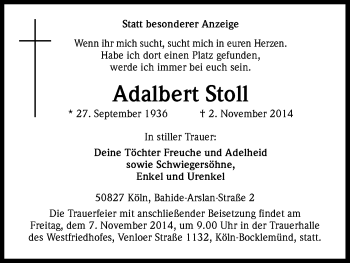Anzeige von Adalbert Stoll von Kölner Stadt-Anzeiger / Kölnische Rundschau / Express