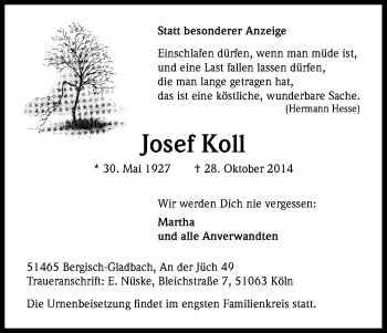 Anzeige von Josef Koll von Kölner Stadt-Anzeiger / Kölnische Rundschau / Express