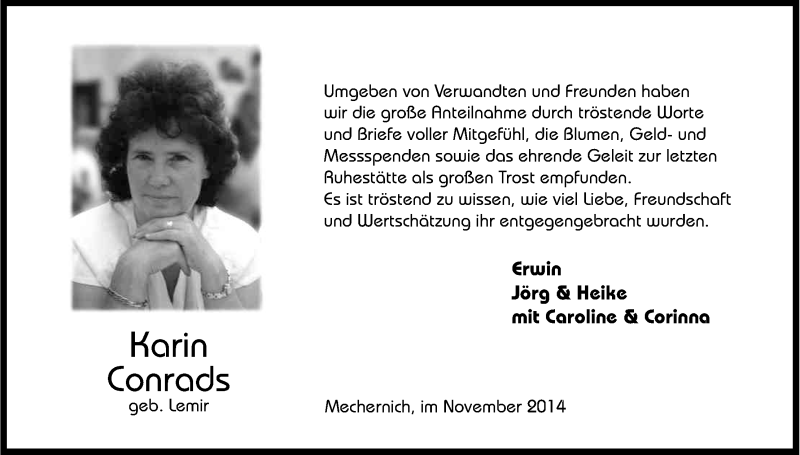 Traueranzeige für Karin Conrads vom 08.11.2014 aus Kölner Stadt-Anzeiger / Kölnische Rundschau / Express