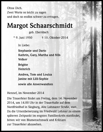 Anzeige von Margot Schaarschmidt von Kölner Stadt-Anzeiger / Kölnische Rundschau / Express