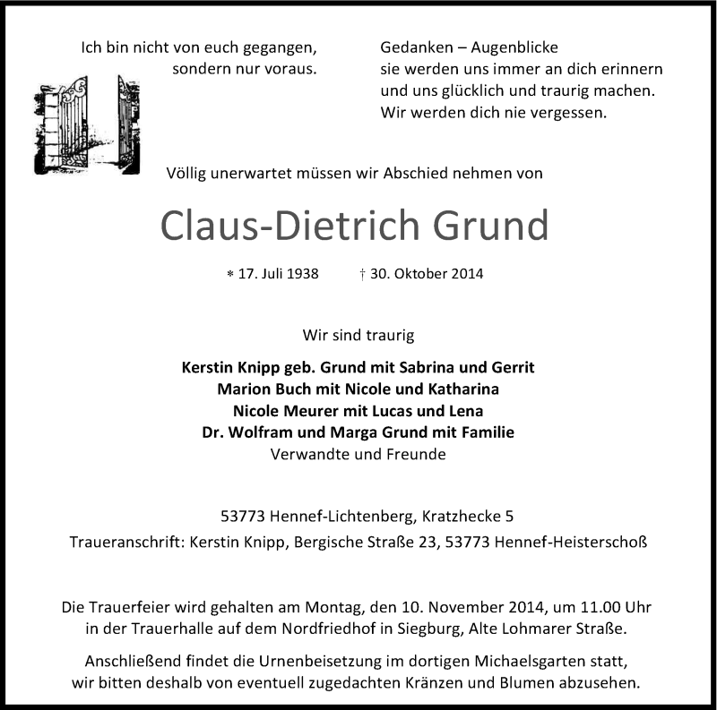  Traueranzeige für Claus-Dietrich Grund vom 05.11.2014 aus Kölner Stadt-Anzeiger / Kölnische Rundschau / Express