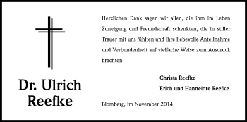 Anzeige von Ulrich  Reefke von Kölner Stadt-Anzeiger / Kölnische Rundschau / Express