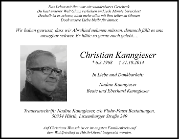 Anzeige von Christian  Kanngieser von Kölner Stadt-Anzeiger / Kölnische Rundschau / Express