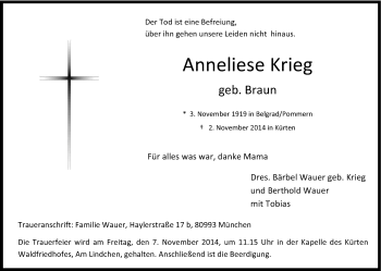 Anzeige von Anneliese Krieg von Kölner Stadt-Anzeiger / Kölnische Rundschau / Express