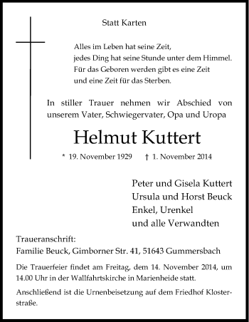 Anzeige von Helmut Kuttert von Kölner Stadt-Anzeiger / Kölnische Rundschau / Express