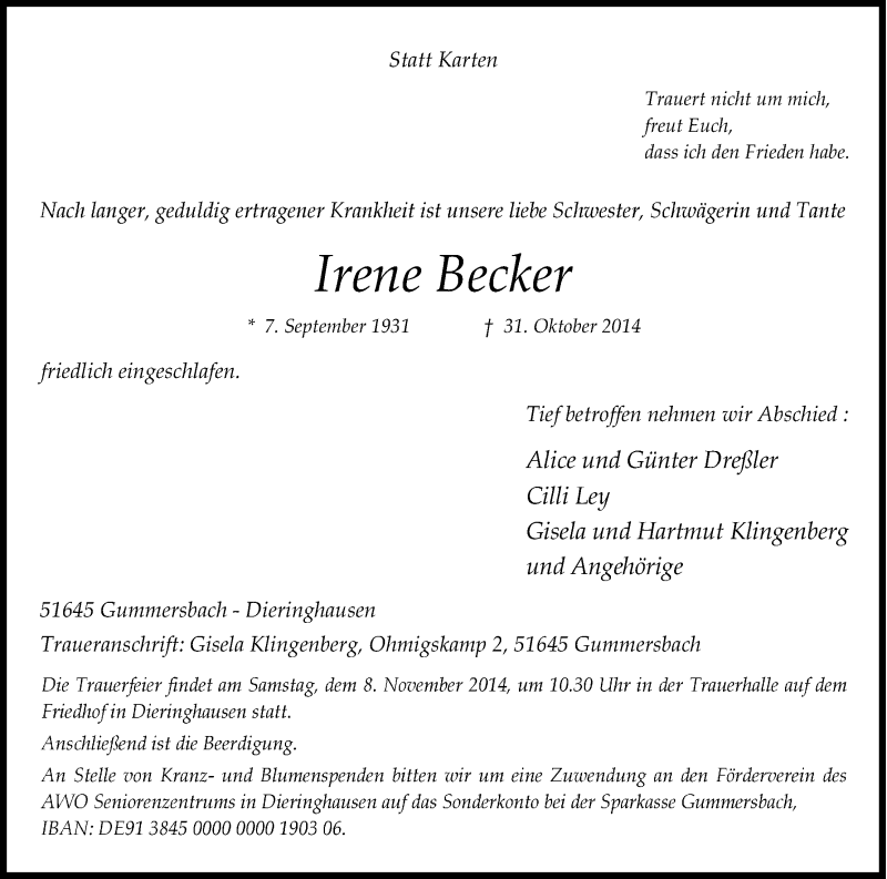 Traueranzeige für Irene Becker vom 05.11.2014 aus Kölner Stadt-Anzeiger / Kölnische Rundschau / Express