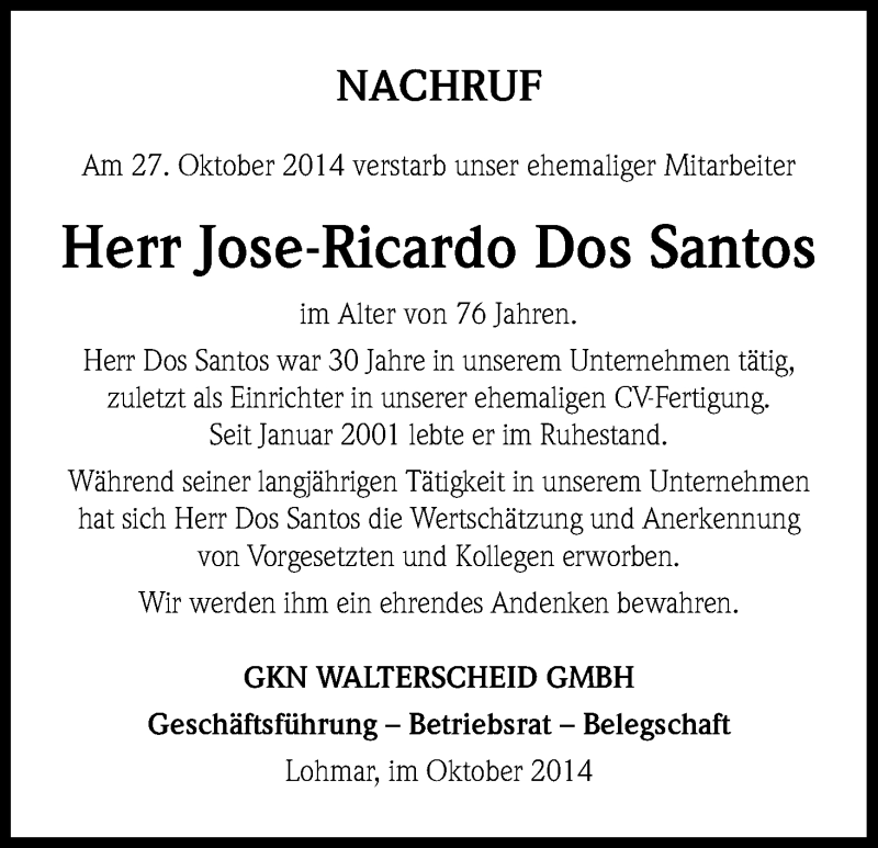  Traueranzeige für Jose-Ricardo Dos Santos vom 05.11.2014 aus Kölner Stadt-Anzeiger / Kölnische Rundschau / Express