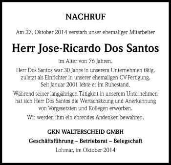 Anzeige von Jose-Ricardo Dos Santos von Kölner Stadt-Anzeiger / Kölnische Rundschau / Express