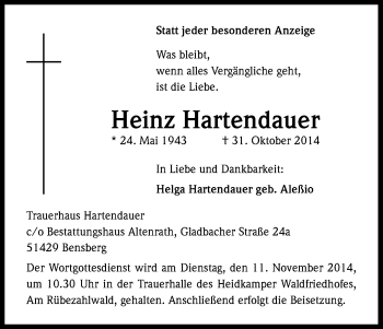 Anzeige von Heinz Hartendauer von Kölner Stadt-Anzeiger / Kölnische Rundschau / Express