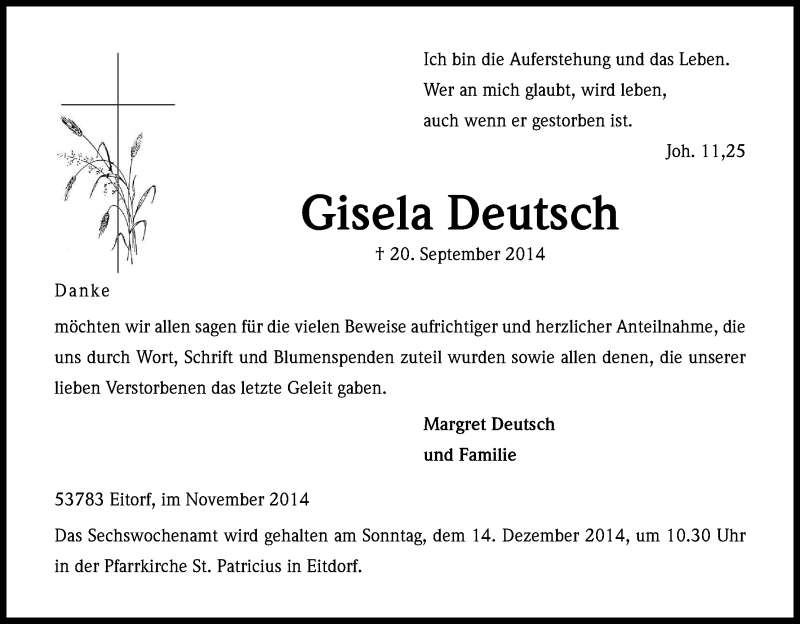  Traueranzeige für Gisela Deutsch vom 07.11.2014 aus Kölner Stadt-Anzeiger / Kölnische Rundschau / Express