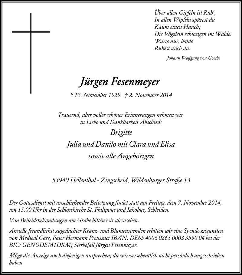  Traueranzeige für Jürgen Fesenmeyer vom 05.11.2014 aus Kölner Stadt-Anzeiger / Kölnische Rundschau / Express