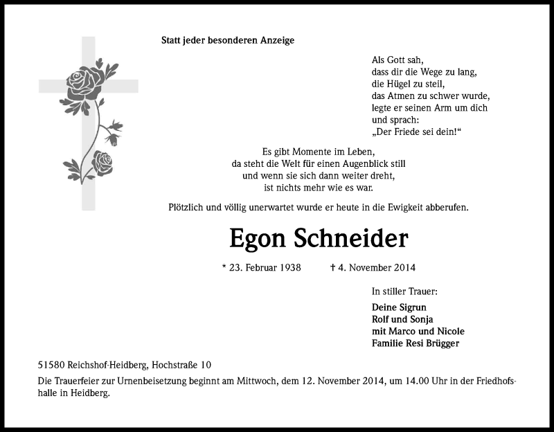  Traueranzeige für Egon Schneider vom 05.11.2014 aus Kölner Stadt-Anzeiger / Kölnische Rundschau / Express