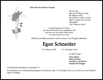 Anzeige von Egon Schneider von Kölner Stadt-Anzeiger / Kölnische Rundschau / Express