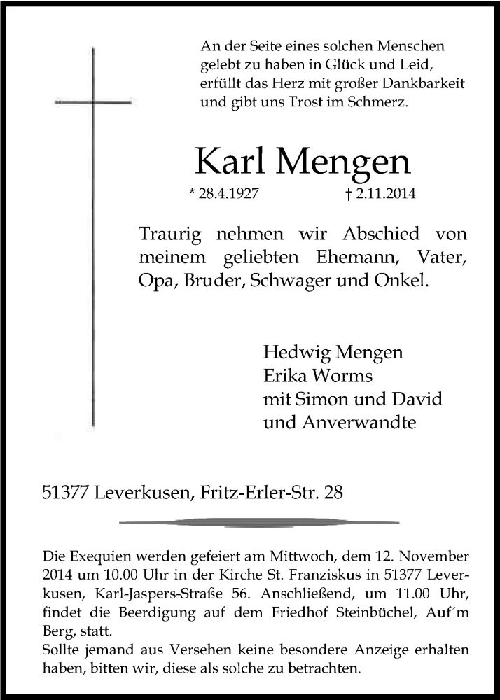 Traueranzeige für Karl Mengen vom 07.11.2014 aus Kölner Stadt-Anzeiger / Kölnische Rundschau / Express