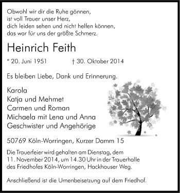 Anzeige von Heinrich Feith von Kölner Stadt-Anzeiger / Kölnische Rundschau / Express