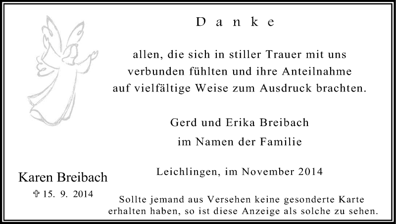  Traueranzeige für karen Breibach vom 08.11.2014 aus Kölner Stadt-Anzeiger / Kölnische Rundschau / Express