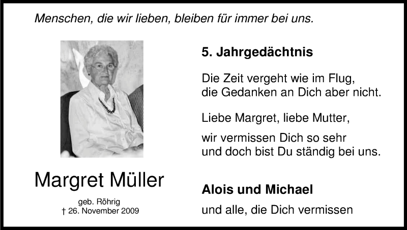  Traueranzeige für Margret Müller vom 26.11.2014 aus Kölner Stadt-Anzeiger / Kölnische Rundschau / Express