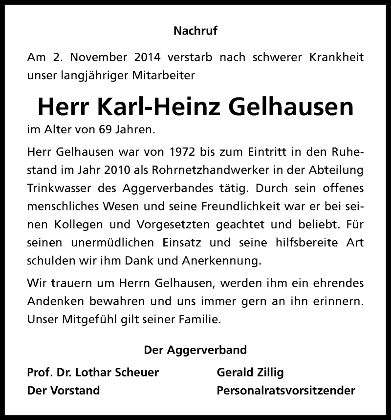  Traueranzeige für Karl-Heinz Gelhausen vom 06.11.2014 aus Kölner Stadt-Anzeiger / Kölnische Rundschau / Express