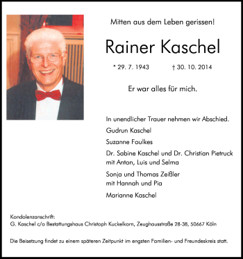 Anzeige von Rainer Kaschel von Kölner Stadt-Anzeiger / Kölnische Rundschau / Express