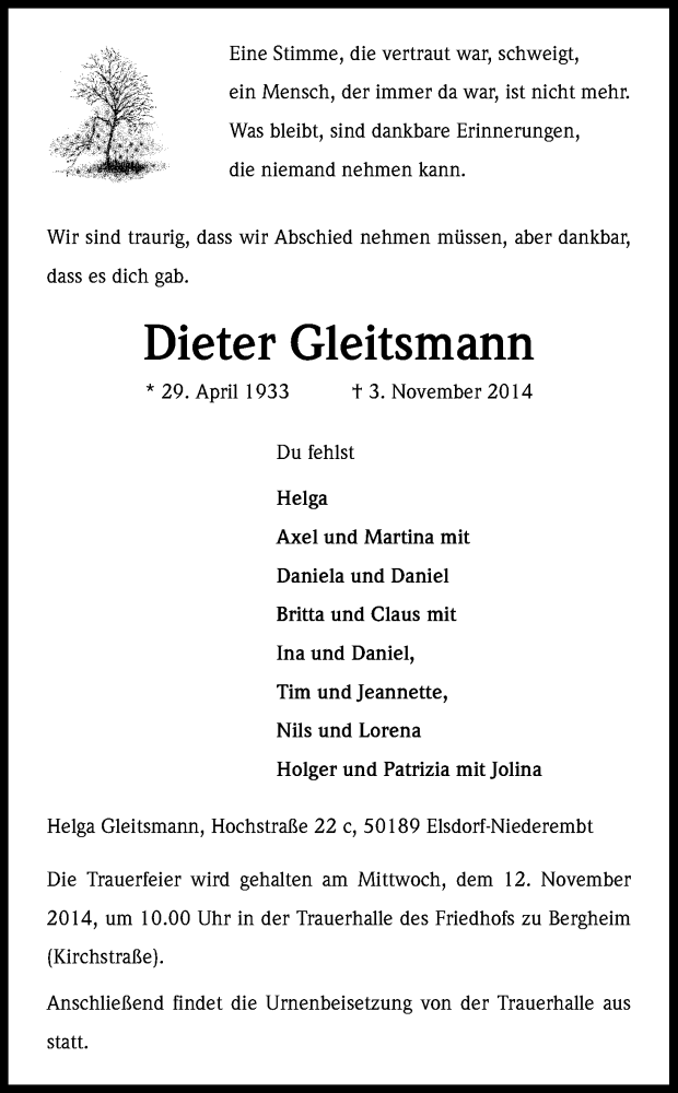  Traueranzeige für Dieter Gleitsmann vom 08.11.2014 aus Kölner Stadt-Anzeiger / Kölnische Rundschau / Express