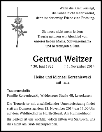 Anzeige von Gertrud Weitzer von Kölner Stadt-Anzeiger / Kölnische Rundschau / Express