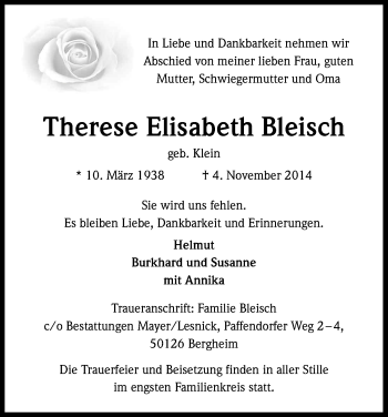 Anzeige von Therese Elisabeth Bleisch von Kölner Stadt-Anzeiger / Kölnische Rundschau / Express