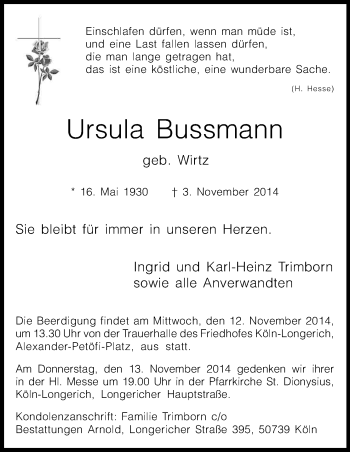 Anzeige von Ursula Bussmann von Kölner Stadt-Anzeiger / Kölnische Rundschau / Express