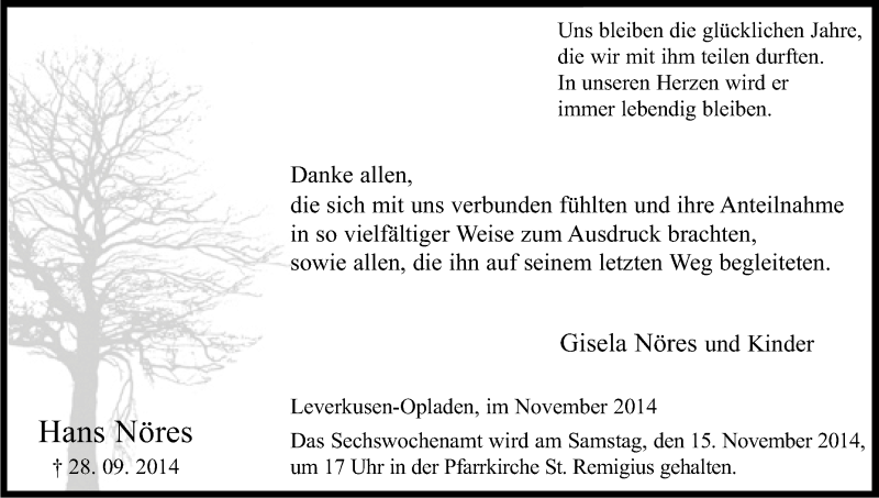  Traueranzeige für Hans Nöres vom 08.11.2014 aus Kölner Stadt-Anzeiger / Kölnische Rundschau / Express