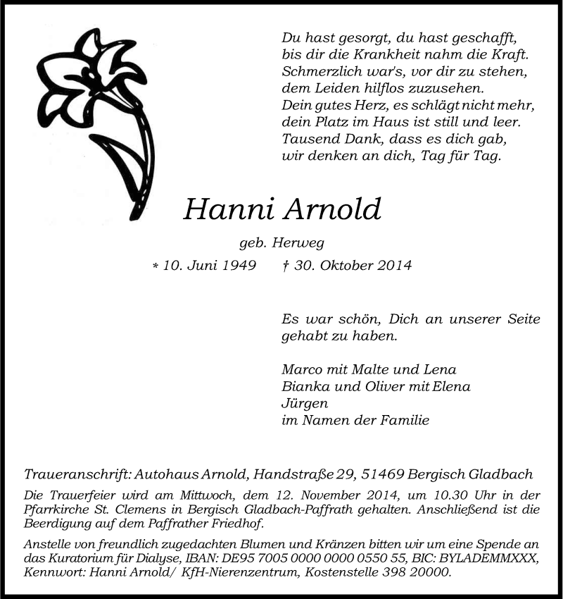  Traueranzeige für Hanni Arnold vom 06.11.2014 aus Kölner Stadt-Anzeiger / Kölnische Rundschau / Express