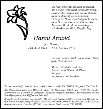 Anzeige von Hanni Arnold von Kölner Stadt-Anzeiger / Kölnische Rundschau / Express
