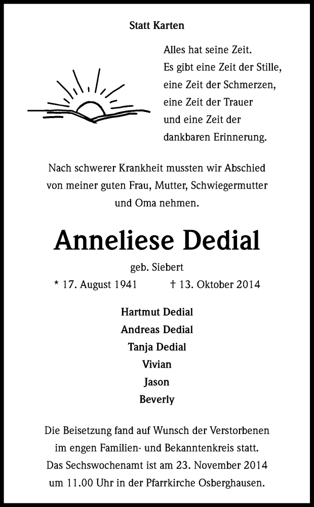  Traueranzeige für Anneliese Dedial vom 08.11.2014 aus Kölner Stadt-Anzeiger / Kölnische Rundschau / Express